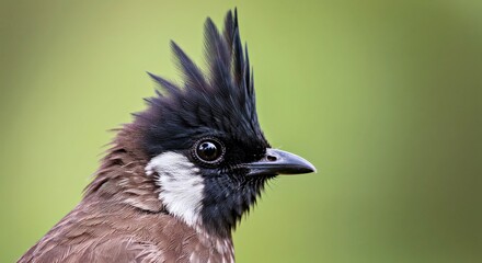A close-up of a Himalayan bulbul&rsquo;s distinctive black-and-white crest-