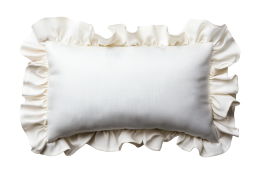 Soft white pillow with frills isolated on black, cut out transparent