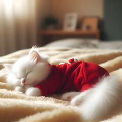 Obraz premium a kitten is sleeping soundly on a warm thick blanket