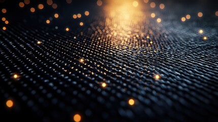 Abstract digital texture with glowing points.  A dark, textured surface is filled with small, glowing lights arranged in a grid pattern.  A subtle light source leads through the scene