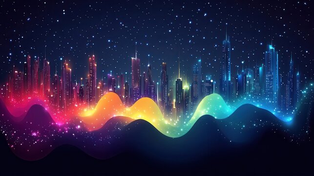 Night city skyline, vibrant energy, starlit sky, futuristic landscape, website banner - Powered by Adobe