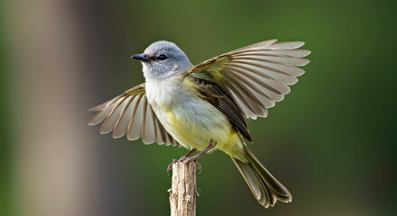 Obraz premium A grey-headed canary-flycatcher drying its wings in the morning sun-
