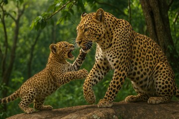 Obraz premium Majestic Leopards in Natural Habitat: A Mother and Her Playful Cub