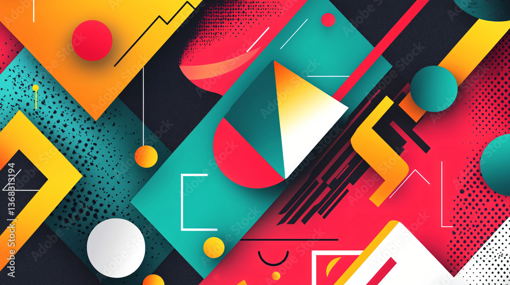 Poster bold and colorful abstract background composed of bright angular geometric shapes layered with fluid