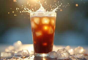 frosted glass iced coffee splashes refreshing beverage visual art light play condensation bubbles dark glass drink, liquid, color, texture, cold, tan, mocha