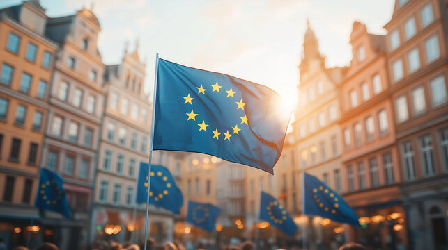 Europe Day, European Union Flags Flying in the City During Sunset with Soft Lighting, AI Generated Images