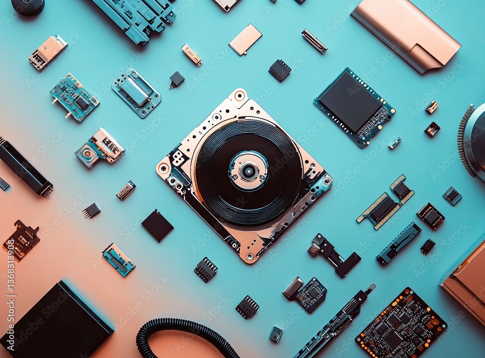 Poster minimalist stock photo of an open hard drive, computer components, and flash drives scattered around