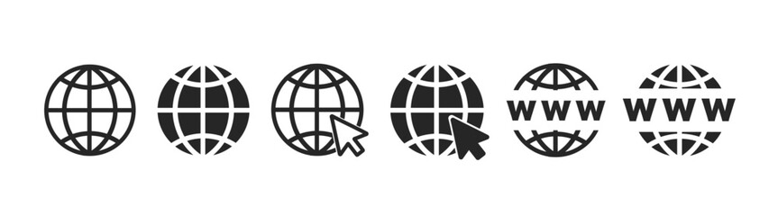 Web icon set illustration. Browser globe outline icons, web click icon. Global search icon. Editable line www icon