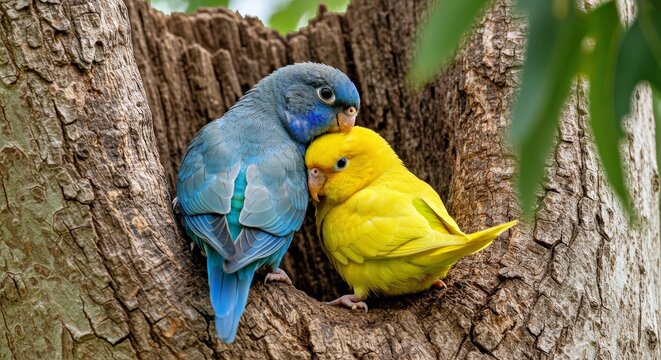 A pair of parrotlets preening each other in a tree hollow-