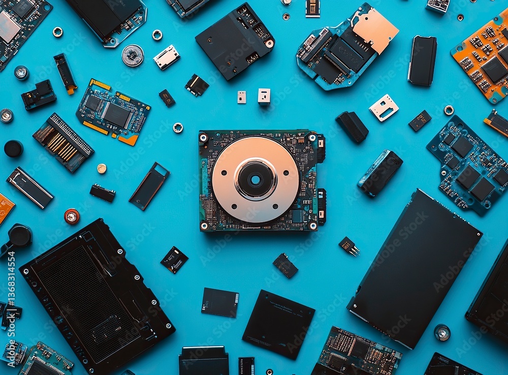 Poster minimalist stock photo of an open hard drive, computer components, and flash drives scattered around