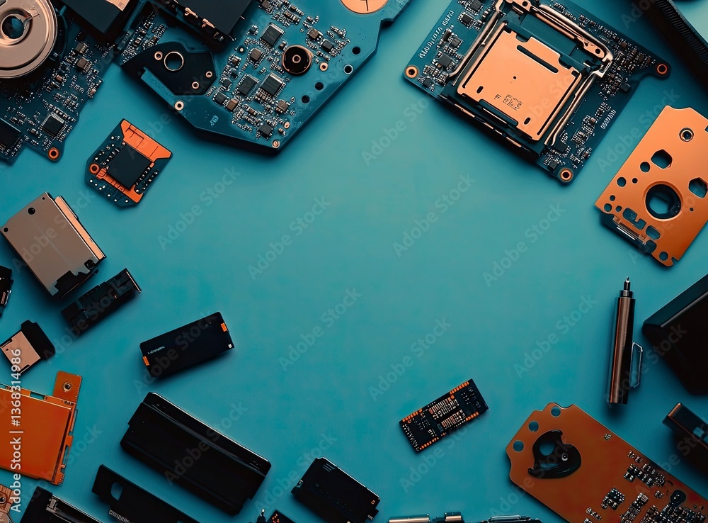 Poster minimalist stock photo of an open hard drive, computer components, and flash drives scattered around