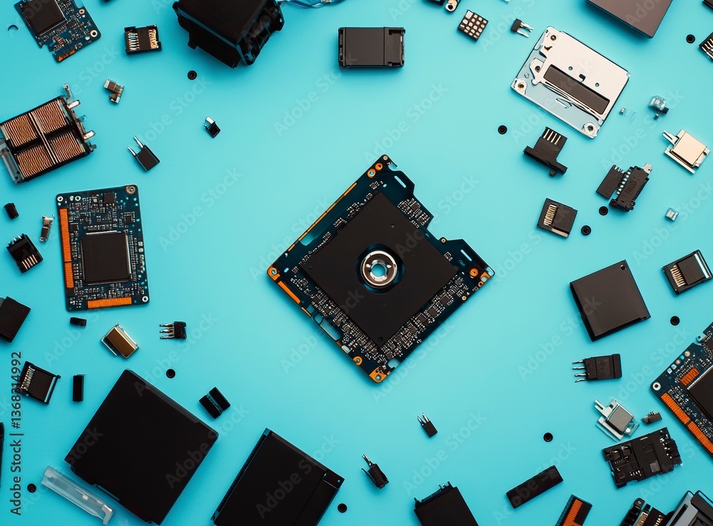 Poster minimalist stock photo of an open hard drive, computer components, and flash drives scattered around