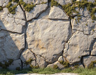 Weathered stone wall with lush greenery