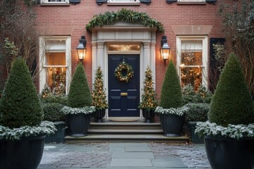 Beautifully decorated front entrance of a historic brick home with holiday wreath, lights, and winter greenery, located in a charming neighborhood during the festive season