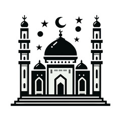 Classic Arabic mosque illustration with detailed architectural design crescent domes and minarets ideal for Islamic festival branding digital religious artwork and modern prayer-themed vector resource