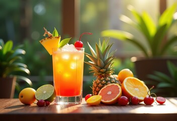 vibrant fruit garnished colorful cocktail refreshing beverage eye catching mixology juice lemon lime tangerine pineapple cherry, glass, drink, orange, raspberry