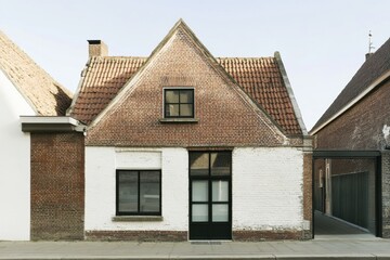 A charming traditional Dutch house featuring a distinctive slanted roof, complemented by a sleek modern extension, nestled in a peaceful neighborhood during the bright daylight hours
