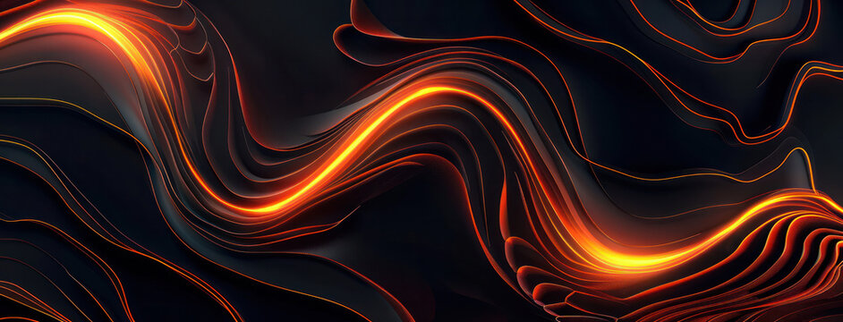 Abstract black backgrounds swirl spiral flow curve wave orange red glowing lines graphics features motion.