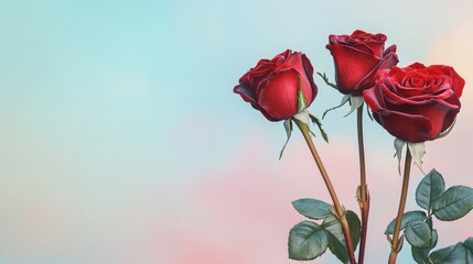 Three red roses against a soft, colorful background.
