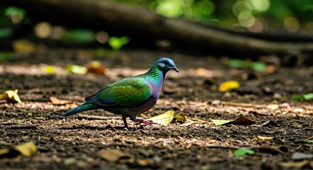 An emerald dove walking on a forest floor, blending with its green surroundings-