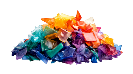 Heap of various colored plastic fragments, recyclable material, cut out transparent