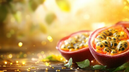 A vibrant close-up of a halved passion fruit with seeds, set against a glowing background.