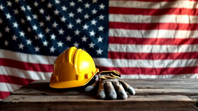 Worn work gloves with construction helmet on a table with flaying us flag on the background Labor Day