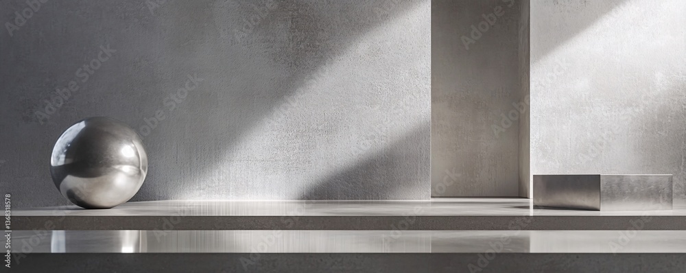 Aufkleber Chrome sphere rests on empty concrete shelf in modern gallery