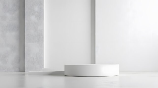 12. A tall podium with a smooth, reflective surface, placed against a simple white wall with ample space for showcasing a product