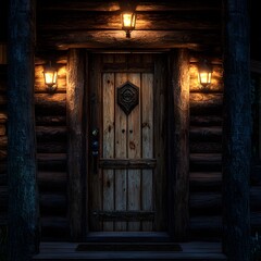 A Masterfully Crafted Rustic Wooden Door-Like Portal with Intricate Glowing Carvings in a Cozy, Nostalgic Cabin