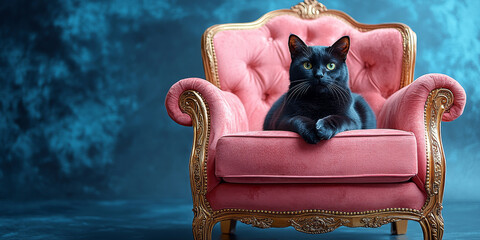 Black cat sitting on a pink armchair against a blue background, copy space. Luxury pink gold armchair and black cat