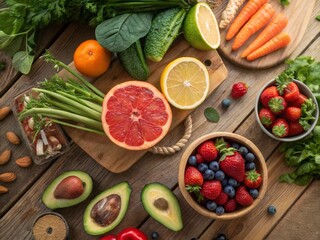 Fresh organic food on a rustic wooden table, top-down view, vibrant colors