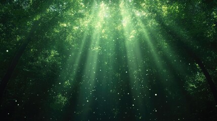 Naklejka premium Sunlight streams through lush green forest canopy. Particles of light dance in the air