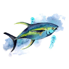 Wildlife of the seas and oceans, tuna fish painted with watercolors