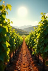 Fototapeta premium vibrant grape vines sunlit vineyard landscape lush greens rows nature agriculture scenery, sunlight, field, plant, fruit, clusters, foliage, terrain