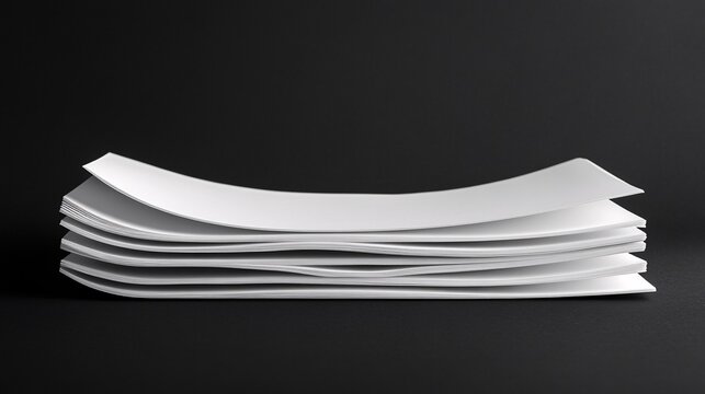 Stack of blank paper sheets curving on black background