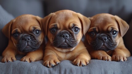 Fototapeta premium Adorable Trio of Playful Puppies Relaxing on Soft Couch