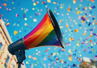 Rainbow-colored megaphone against a bright blue sky filled with confetti. A vibrant symbol of pride and celebration.