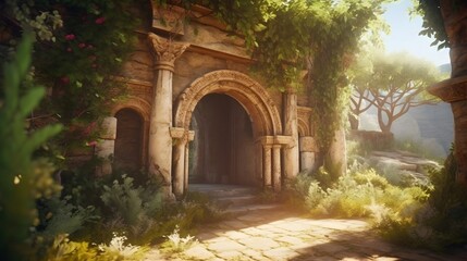 A Stunning Representation of an Ancient Stone Archway Portal Awash with Golden Magic in a Timeworn Castle Courtyard