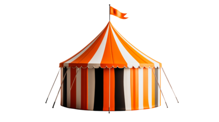 Circus tent with orange stripes and flag on black background, cut out transparent