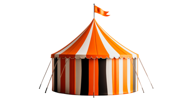 Circus tent with orange stripes and flag on black background, cut out transparent