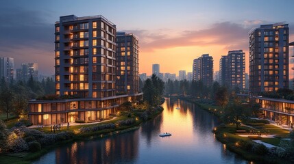 Luxury Apartments by the Lake at Sunset