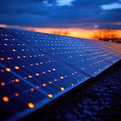 Solar panels illuminated at dusk, showcasing renewable energy technology against a vibrant sunset