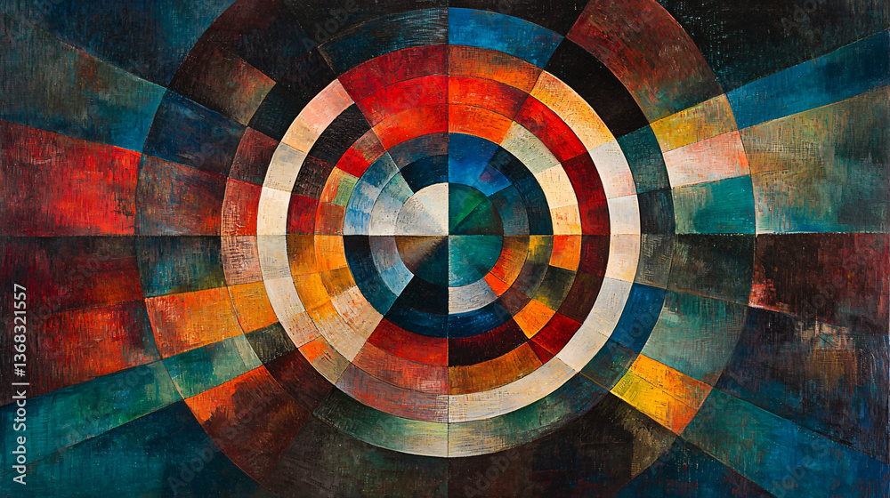 Poster abstract painting featuring a circle surrounded by dynamic forms and broken square shapes with a ble