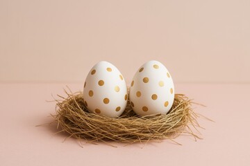 Obraz premium Two elegant white easter eggs decorated with golden polka dots are nestled in a small, rustic straw nest on a soft pink backdrop, creating a simple yet stylish easter scene