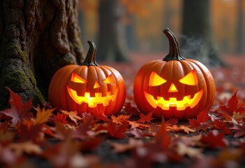 glowing jack lanterns nestled among vibrant autumn leaves halloween inspired scene, pumpkin, fall, decoration, harvest, candle, light, forest, nature