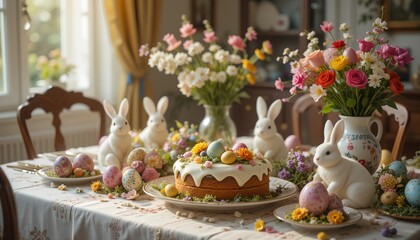 Easter Table Setting with Cake, Bunnies, and Colorful Eggs in a Cozy Dining Room.