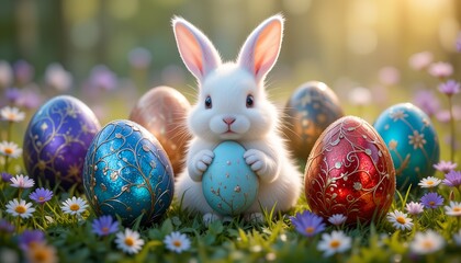 Adorable Easter Bunny with Colorful Decorated Eggs in a Flower Garden.