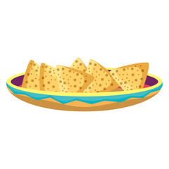 Vector illustration of a colorful plate with crispy tortilla chips, isolated on white background for Mexican snack and appetizer concepts