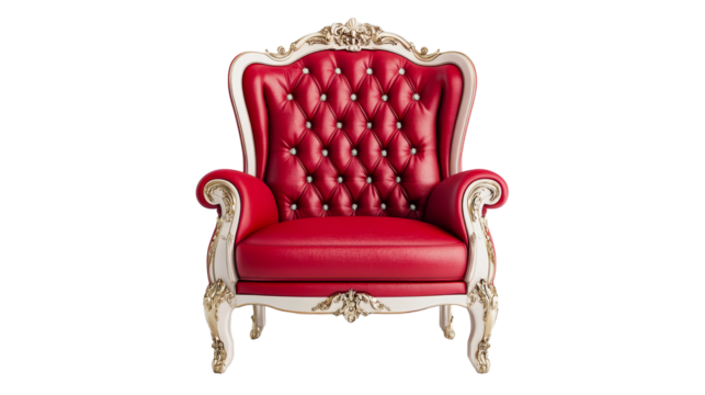 Red armchair, white trim and golden patterns, luxury and elegance, cut out transparent